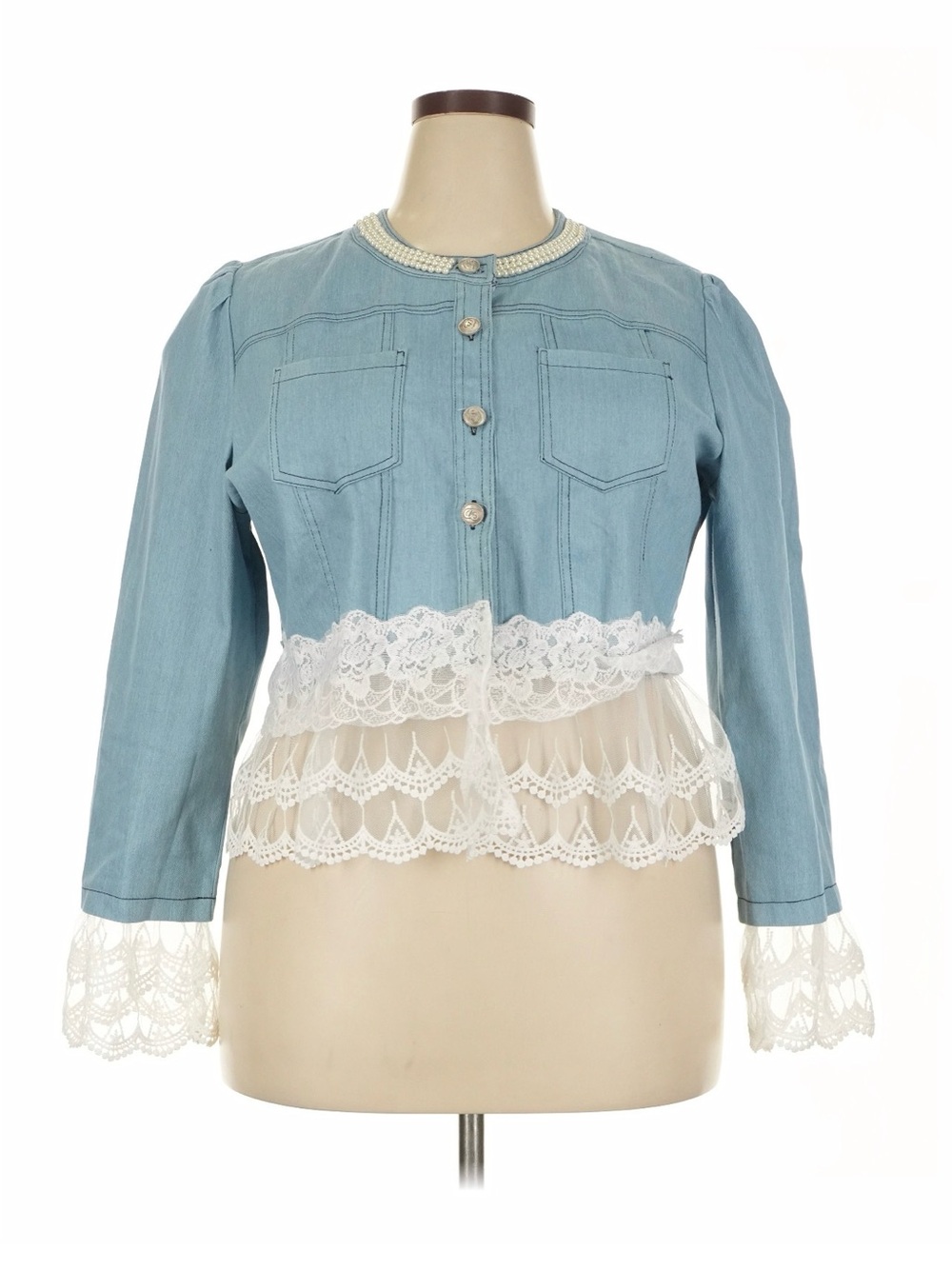 Light Blue Denim Jacket with White Lace Trim